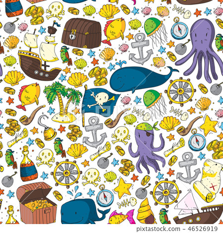 Vector pirate pattern for small boys and girls. Kindergarten, birthday party. Wallpaper for children Vector pirate pattern for small boys and girls. Kindergarten, birthday party. Wallpaper for children 46526919