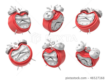 3d rendering of a set of six red broken alarm clocks isolated on white backround. 46527168