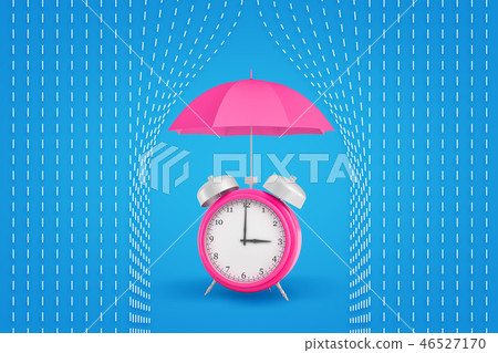 3d rendering of a retro alarm clock under a pink classic umbrella hiding from white lines 46527170