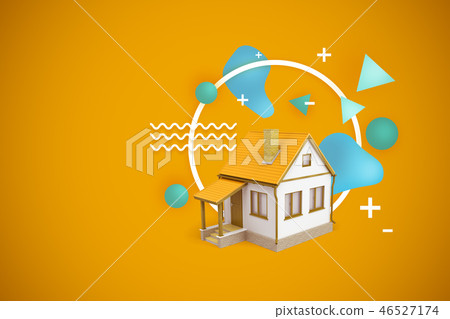 3d rendering of a house with a yellow roof on a yellow background with white and blue geometric 46527174