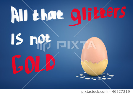 3d rendering of an egg with coat of dry golden paint half-fallen off with the title 'All that 46527219
