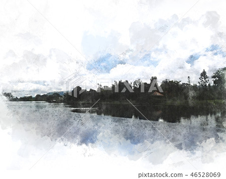tree and field landscape on watercolor paint. tree and field landscape on watercolor paint. 46528069