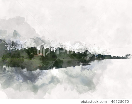 tree and field landscape on watercolor paint. tree and field landscape on watercolor paint. 46528070