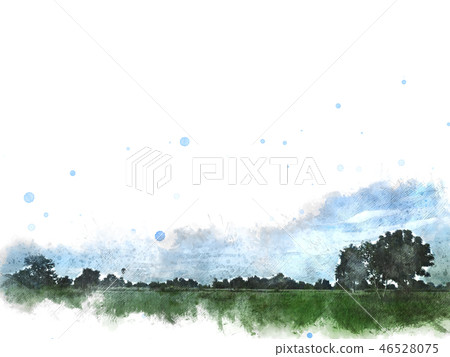 mountain and field landscape on watercolor paint. 46528075