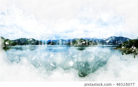 mountain and field landscape on watercolor paint. 46528077