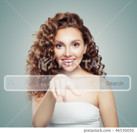 Young woman student pointing to empty address bar Young woman student pointing to empty address bar 46530050