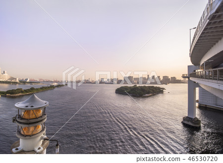 Tokyo port connection bridge Marine lights from the so-called Rainbow Bridge Rainbow Promenade and the sea at Odaiba Beach Park. 46530720