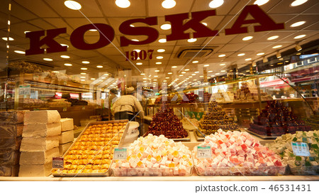 Istanbul, Turkey - 1 April, 2017: Different kinds of Turkish delight sweets at the Koska Market. 46531431