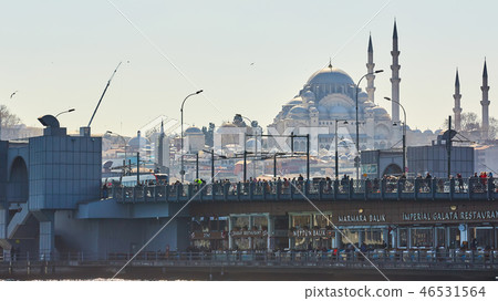 Istanbul, Turkey - April 1, 2017: The Galata bridge with fishermen Istanbul, Turkey - April 1, 2017: The Galata bridge with fishermen 46531564