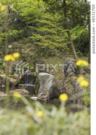 從Kikgien的Rikugien的Chidori橋看到的Waka的十二個邊界之一的Kikawa再現了風景的Sanson石頭，枕頭流洞和水石頭 46531700