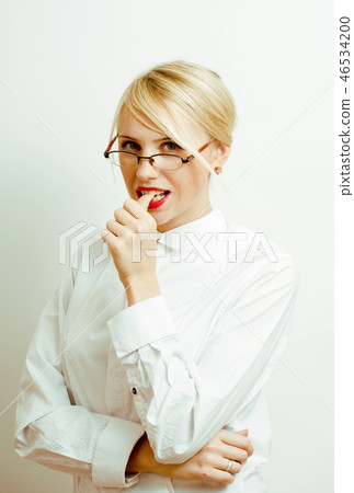 very emotional businesswoman in glasses, blond hair on white bac very emotional businesswoman in glasses, blond hair on white bac 46534200