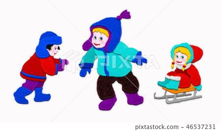 Kids in winter clothes.Imitation of applique fabric. Isolated on white background. Kids in winter clothes.Imitation of applique fabric. Isolated on white background. 46537231