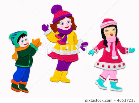 Kids in winter clothes.Imitation of applique fabric. Isolated on white background. Kids in winter clothes.Imitation of applique fabric. Isolated on white background. 46537233