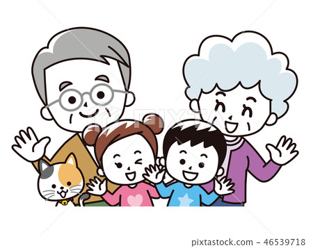 祖父母,孫子和寵物貓春天的衣服 祖父母,孫子和寵物貓春天的衣服 46539718