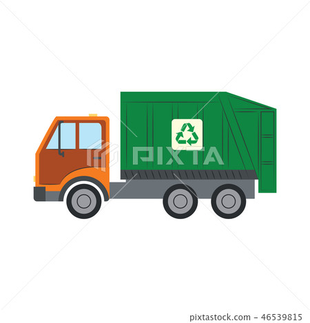 Trash truck with recycle symbol - green lorry vehicle for assembling and transportation of garbage Trash truck with recycle symbol - green lorry vehicle for assembling and transportation of garbage 46539815