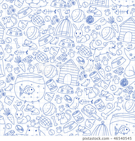 Pet shop, zoo, veterinary. Vector pattern woth cat, hamster, dog, bunny, rabbit. Pet shop, zoo, veterinary. Vector pattern woth cat, hamster, dog, bunny, rabbit. 46540545