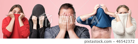 Horizontal collage portrait of several men and women hiding their faces with hands or clothes. 46542372