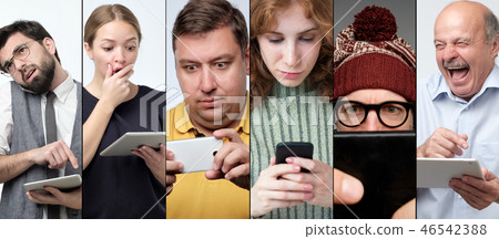 Horizontal colage portrait of several women and men using modern devices to check their mail 46542388