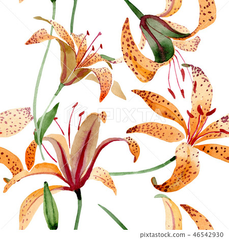 Orange lilium floral botanical flower. Watercolor background illustration set. Seamless background 46542930
