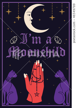 Violet Cats and the Moon. Praying hands holding a rosary. I am a Moonchild text Violet Cats and the Moon. Praying hands holding a rosary. I am a Moonchild text 46549789
