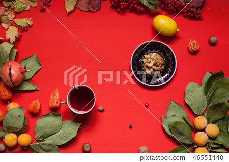 fruits nuts colorful leaves on the background for breakfast lunch dinner 46551440