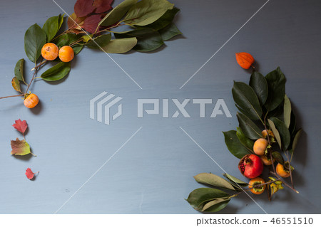 decor from fruits and leaves on a background of breakfast 46551510