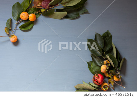 decor from fruits and leaves on a background of breakfast 46551512