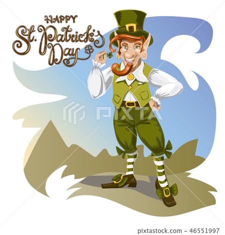 Happy Saint Patrick s Day. Character with green hat. Cartoon funny leprechaun with clover. Vector Happy Saint Patrick s Day. Character with green hat. Cartoon funny leprechaun with clover. Vector 46551997
