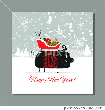 Christmas card, santa pig in forest. Symbol of 2019 Christmas card, santa pig in forest. Symbol of 2019 46553494