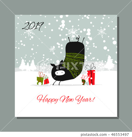 Christmas card, santa pig in forest. Symbol of 2019 Christmas card, santa pig in forest. Symbol of 2019 46553497