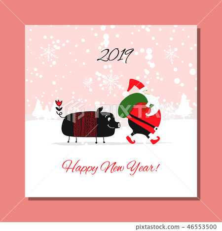 Christmas card, santa pig in forest. Symbol of 2019 Christmas card, santa pig in forest. Symbol of 2019 46553500