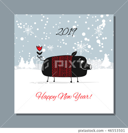 Christmas card, santa pig in forest. Symbol of 2019 Christmas card, santa pig in forest. Symbol of 2019 46553501