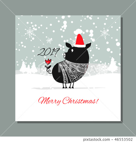 Christmas card, santa pig in forest. Symbol of 2019 46553502