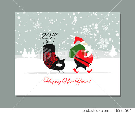 Christmas card, santa pig in forest. Symbol of 2019 46553504