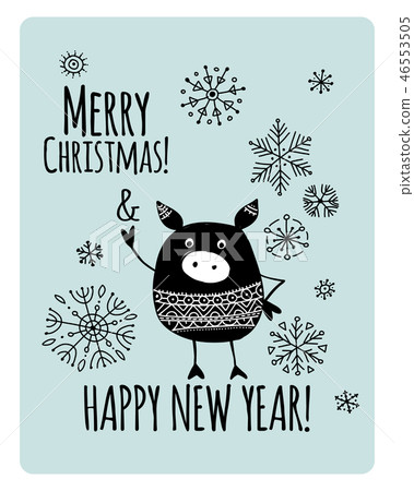 Christmas card with funny pig, symbol of 2019 year for your design 46553505