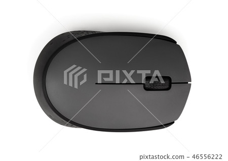 Black wireless computer mouse on white background. Top view. Flat lay Black wireless computer mouse on white background. Top view. Flat lay 46556222