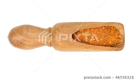 Mixed spices on wooden scoop isolated on white background. Top view. Flat lay 46556328