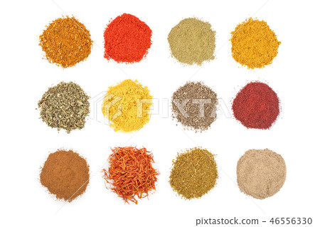 mix of spices isolated on a white background. Top view. Flat lay. Set or collection mix of spices isolated on a white background. Top view. Flat lay. Set or collection 46556330