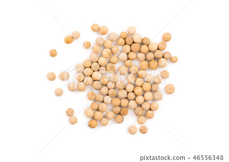 white peppercorns isolated on white background. Top view. Flat lay. Close up 46556348