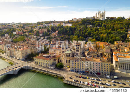 View from drone of Cathedral, Basilica and Saone, Lyon 46556580