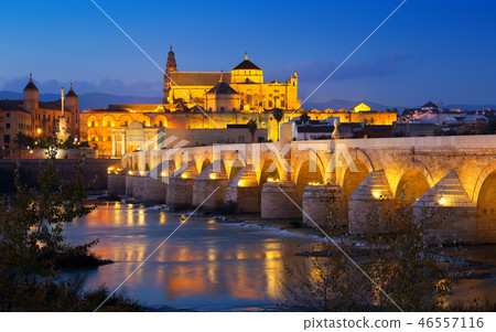 Roman bridge and Mosque-cathedral of Cordoba in night 46557116
