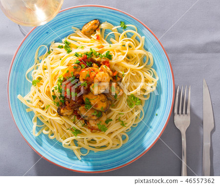 Top view of Italian seafood pasta 46557362