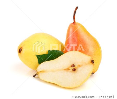 ripe red yellow pear with leaves fruits isolated on white background 46557461