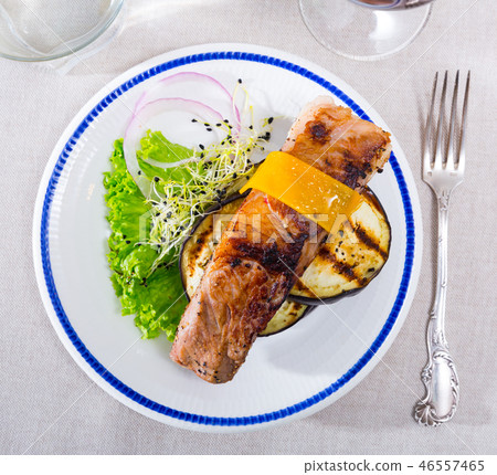 Top view of baked pork rib with cheese and eggplant Top view of baked pork rib with cheese and eggplant 46557465