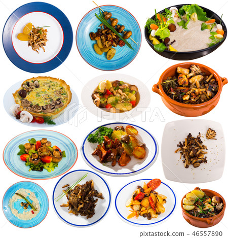 Set from tasty different mushrooms cooked with vegetables and potatoes Set from tasty different mushrooms cooked with vegetables and potatoes 46557890
