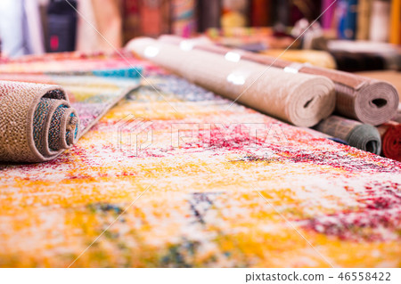 Image of colorful wool carpets for sale at showroom Image of colorful wool carpets for sale at showroom 46558422