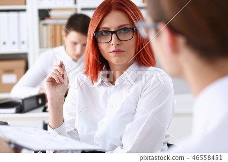 Group people sit in office deliberate on problem 46558451
