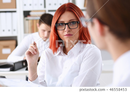 Group people sit in office deliberate on problem 46558453