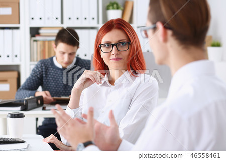 Group people sit in office deliberate on problem 46558461
