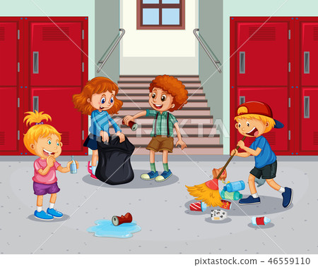 Student cleaning school hallway Student cleaning school hallway 46559110